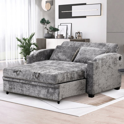 Lit convertible en chenille grise avec réglables, porte-gobelets, ports et 2 coussins relaxants