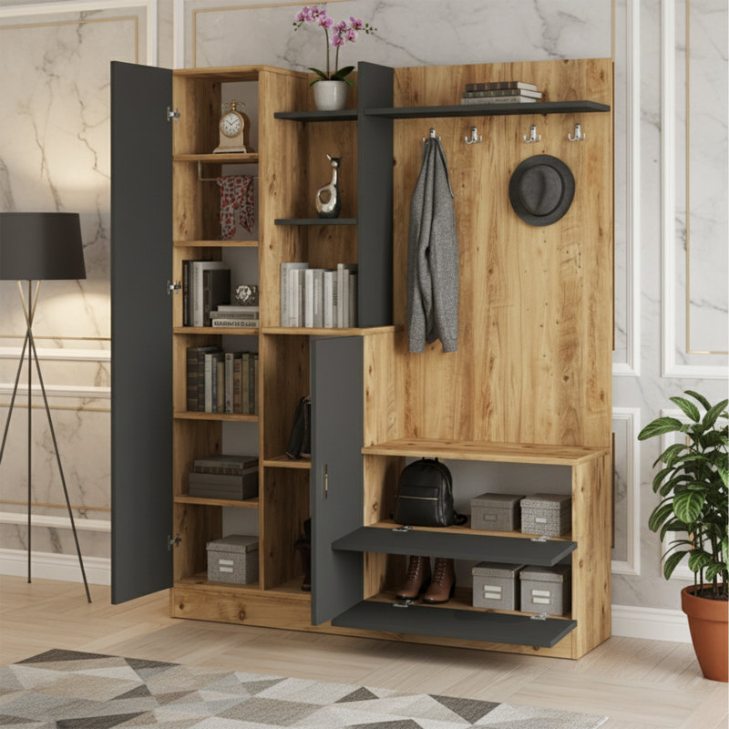 Modern Hall Tree With Mirror, Storage Cabinets, And Coat Hooks, Atlantic Pine/Anthracite