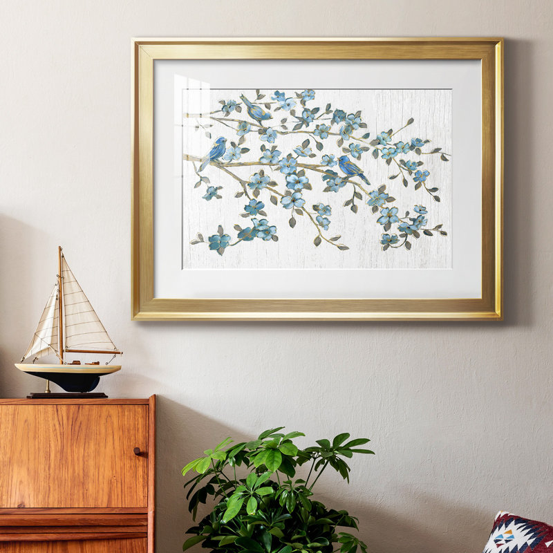 «Blooming Bluebirds», reproduction encadrée de qualité supérieure - prête à être accrochée, H 30,5 po x l 42,5 po x P 1 po