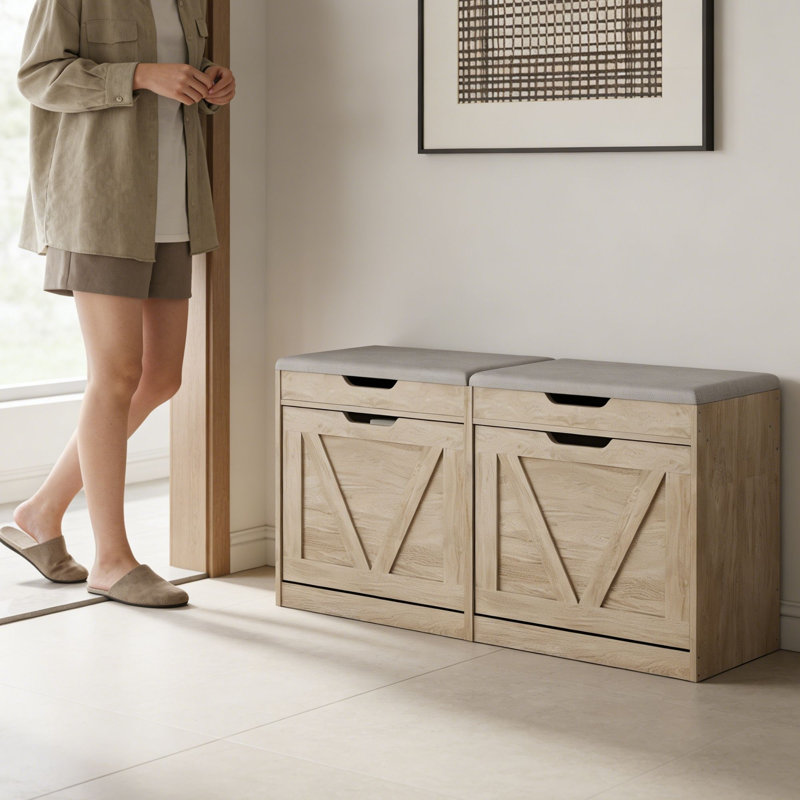 38.6" Double Shoe Storage Bench With Cushion And Flip-drawer Cabinet, Natural/Gray