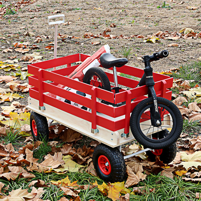 Outdoor Wooden Wagon Cart With Folding Handle, Red/White