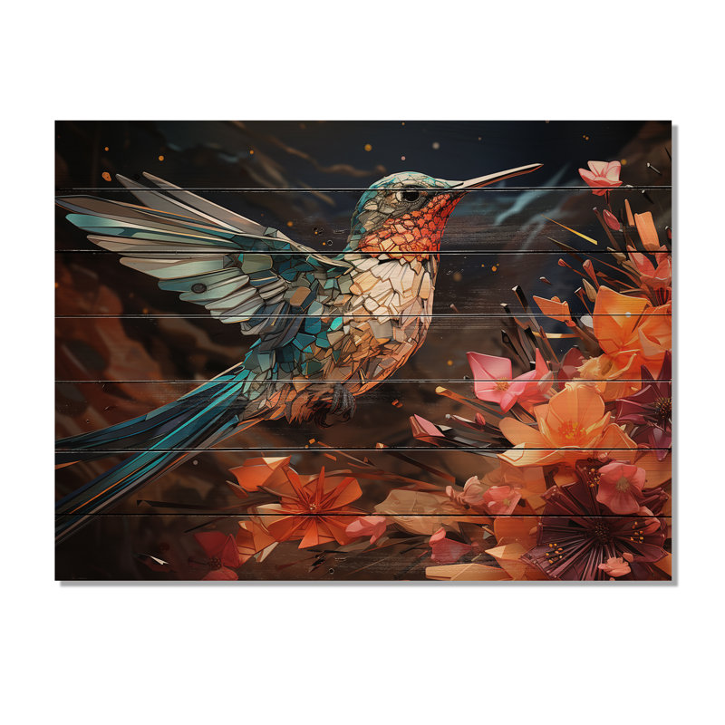 Colibri bleu sarcelle «Enchanting Hum» géométrique II sur bois, H 24 po x l 32 po x P 0,78 po