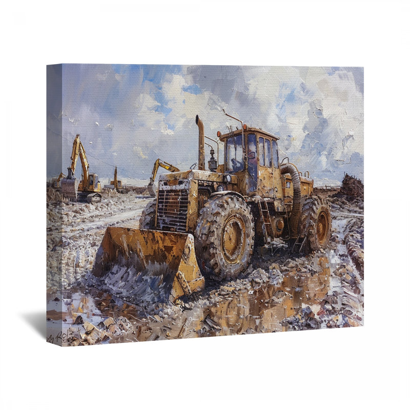 Bulldozer sur toile tendue - construction murale, H 11 po x l 14 po
