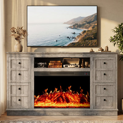 Meuble télé 62 po avec foyer électrique, armoire à deux portes avec lecteur de musique et homologué UL