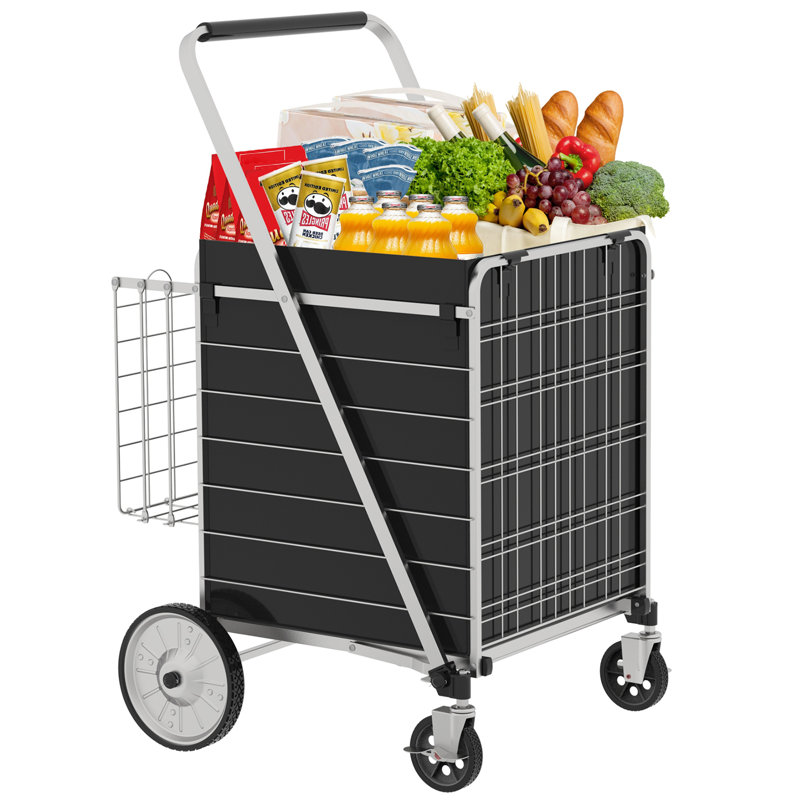 Bigger Super Jumbo - chariot avec frein, chariot d'épicerie sur roulettes, chariots pliables avec panier double et roulettes pivotantes à 360 ° pour l'épicerie, gris