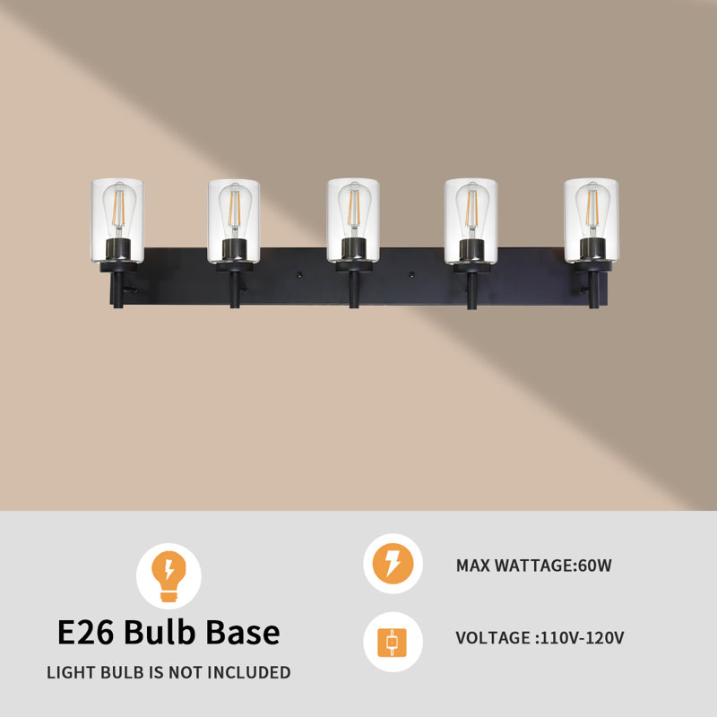 5-Light Bathroom Vanity Lights Over Mirror, Black Bathroom Vanity Light, Wall Sconce Light with Clear Glass, for Bedroom, Living Room.