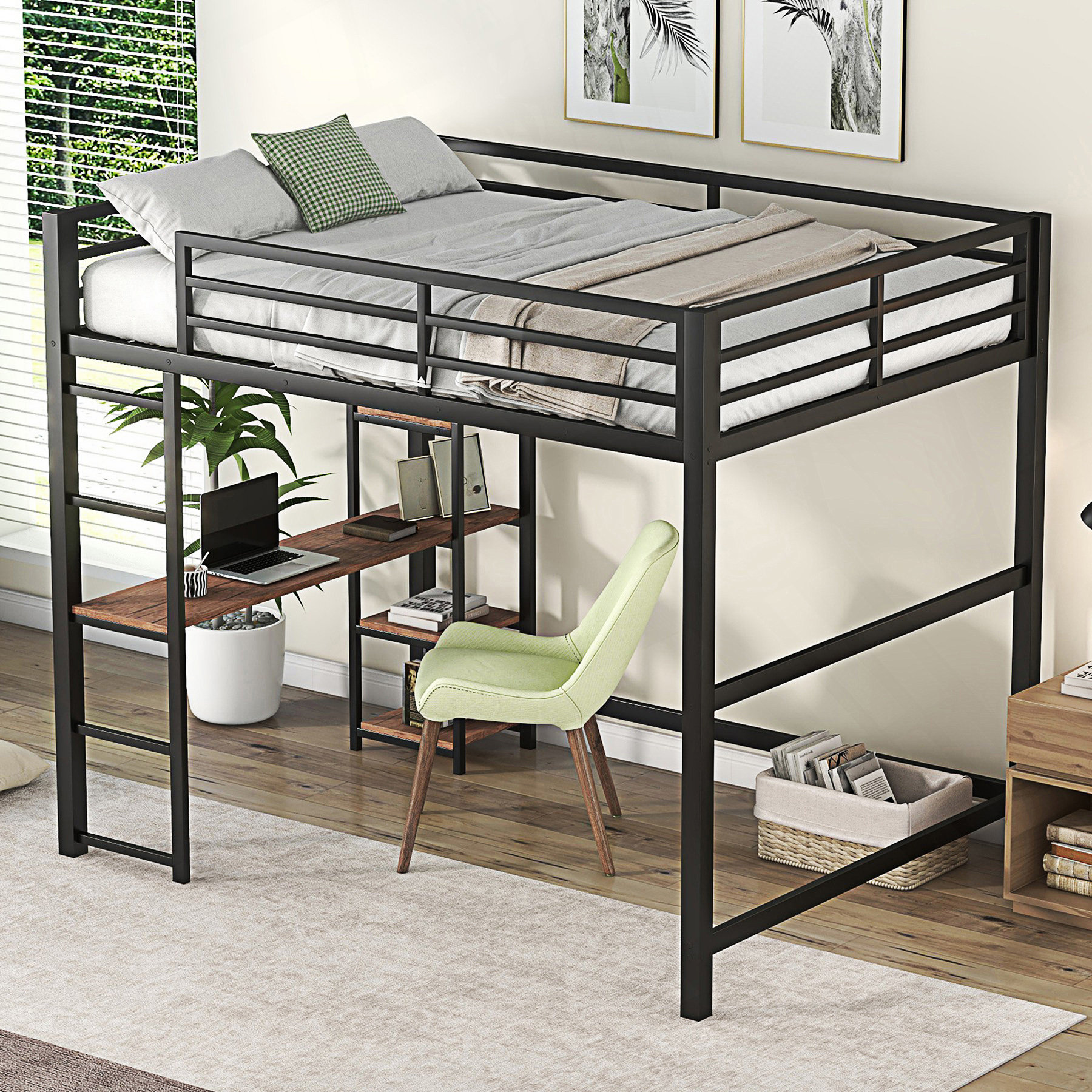 17 Stories Full Size Metal Loft Bed With Built-In Desk And Storage ...