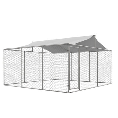 Chenil d'extérieur pour chien 14,8 x 14,8 pi avec couvercle verrouillable et clôture à chaînette