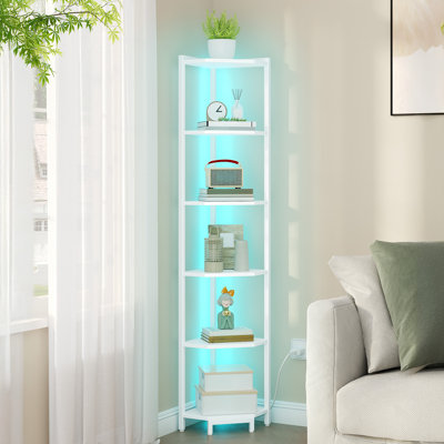 Corner Shelf with LED Light, 6-Tier Corner Bookshelf, Tall Narrow Display Bookcase with Metal Frame, Standing Shelf for Small Space, Living Room, Home Office, Bedroom, White