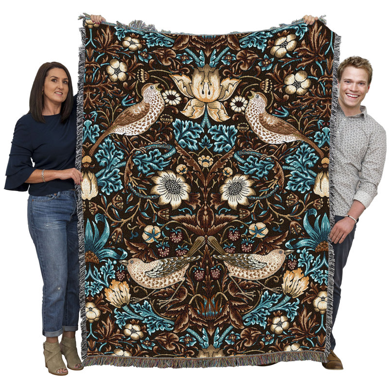 Couverture Pure Country Weavers William Morris Strawberry Thief en noyer - Artisanat - Tapisserie tissée en coton - Fabriqué aux États-Unis (72 x 54)