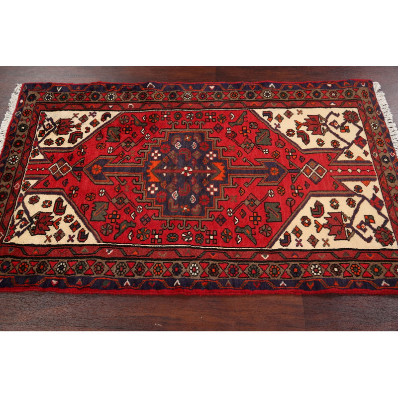 Tapis décoratif en laine noué à la main de conception unique « New Age Hamedan » rouge 2 pi 11 po x 4 pi 10 po
