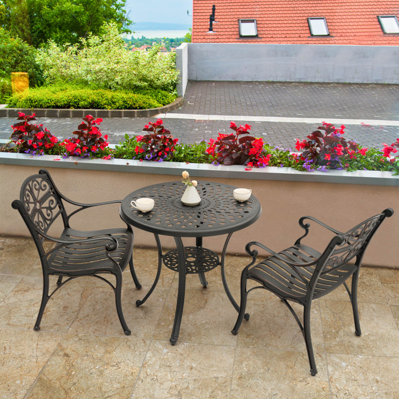 Outdoor 3 Pieces Patio Bistro Set, Cast Aluminum Conversation Set with Umbrella Hole for Backyard, Porch, Poolside, Lawn, Black with Gold-Painted Edges