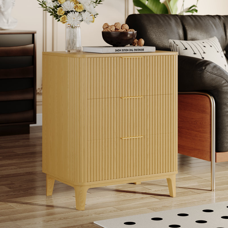 27.56" Fluted 3 Drawers Dresser For Bedroom With Dresser Organizer, Wood Tall Chest Of Drawers & Nightstand, Natural
