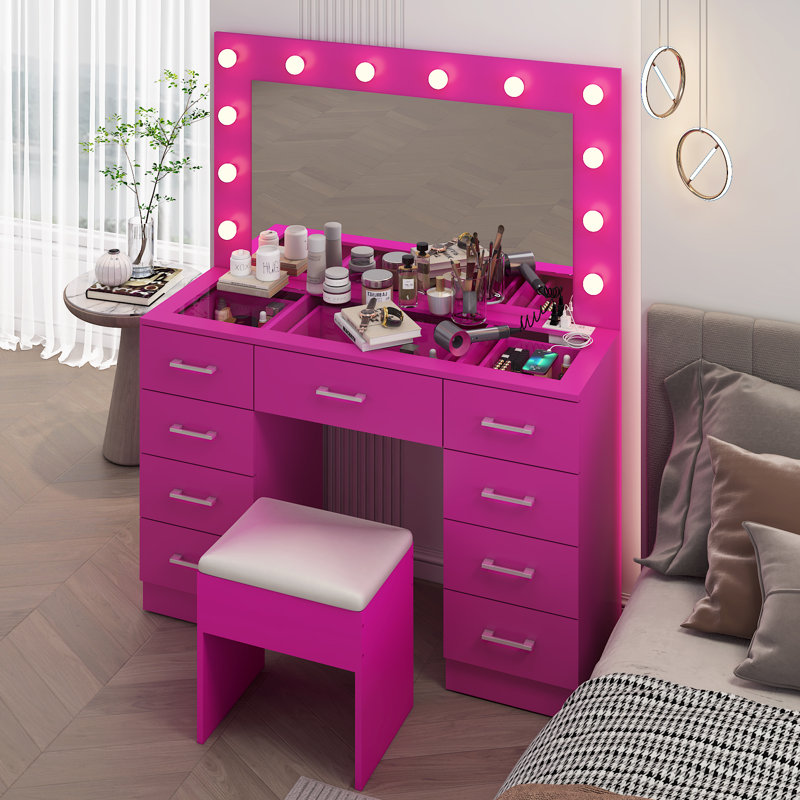Grand ensemble de coiffeuse avec lumières, USB et prise de courant, 9 tiroirs, Rose