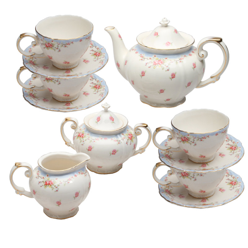 Service à thé en porcelaine vintage bleu et rose 11 pièces