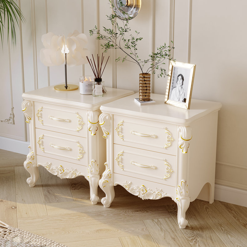 Table de chevet blanche élégante 2 pièces avec deux tiroirs et accents dorés
