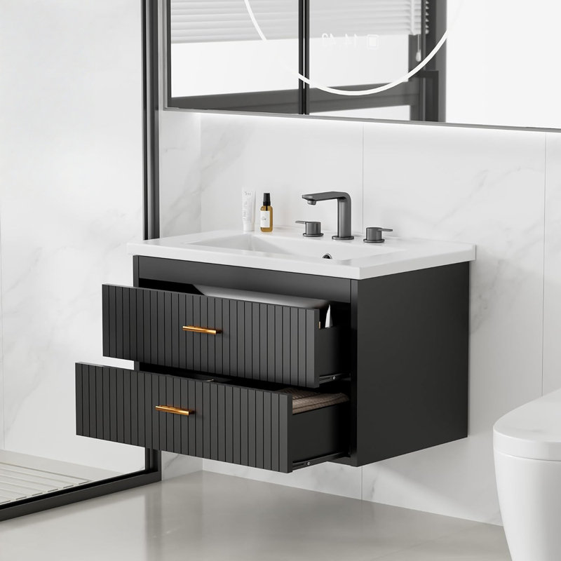 Meuble-lavabo flottant 30 po avec lavabo et tiroirs - Meuble-lavabo mural moderne, lavabo en résine blanc, fermeture en douceur, résistant à l'eau