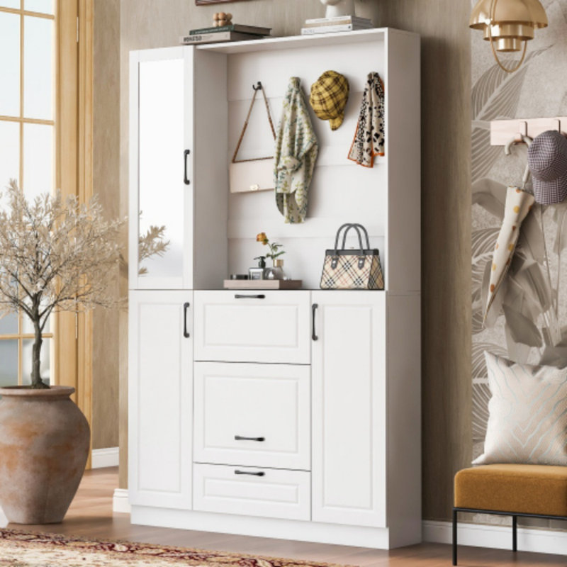 51.1" Entryway Bench With Shoe Storage - 3-In-1 Hall Tree With Mirror & Foldable Seat - 4 Sturdy Hooks