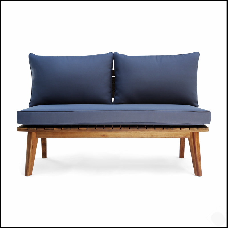 Causeuse d'extérieur Mid-Century moderne en bois d'acacia avec coussins résistants aux intempéries, parfaite pour le patio et la terrasse