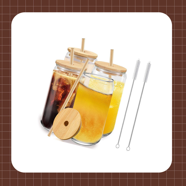 Verres à boire avec paille en verre avec couvercle en bambou Tasses en verre  en forme