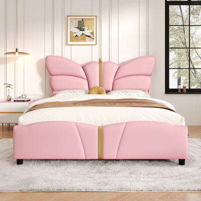Structure de lit double rembourrée en cuir de polyuréthane, avec tête et pied de lit en forme de papillon, structure de lit plateforme avec décorations en métal doré, aucun sommier nécessaire, rose clair
