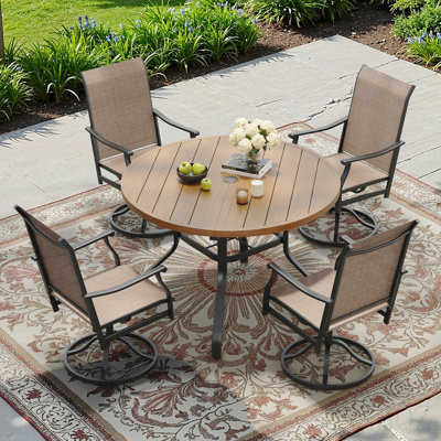 Round Outdoor Dining Table, 41" Round Patio Table Wood-Like Grain With 1.57" Umbrella Hole, Metal Outdoor Dining Tables For Backyard And Poolside