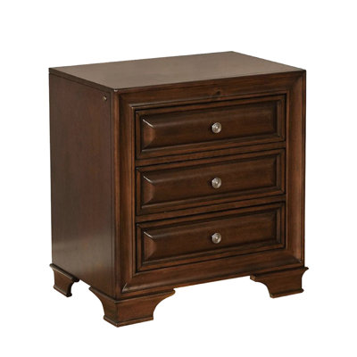 Table de chevet 3 tiroirs, finition cerisier brun, et puissance, incrustation de bois, veilleuse, anglais, tiroirs de chambre à coucher, ports intégrés,