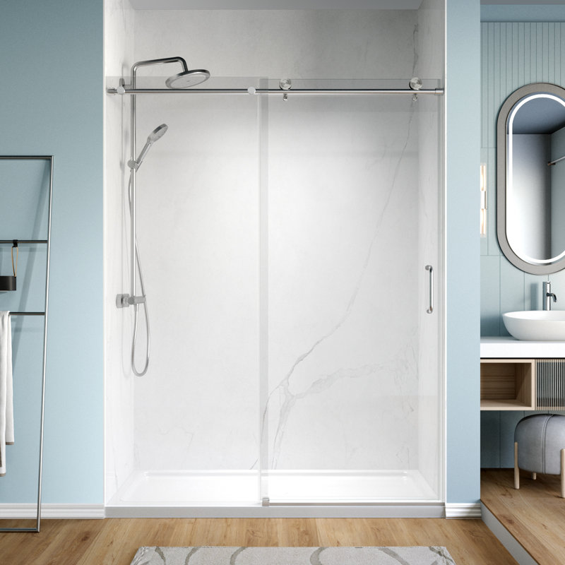 Porte de douche coulissante simple sans cadre de 56 à 60 po x H 76 po avec verre trempé de 1/4 po (6 mm) pour douche à l'italienne, nickel brossé