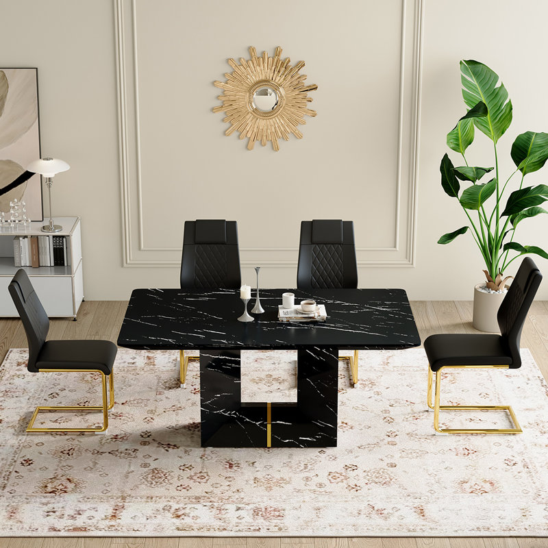 5-Piece Marble Dining Table Set, Black/Gold, Black
