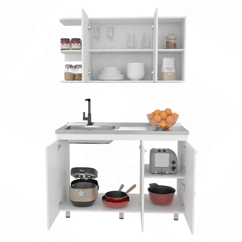 Ensemble d'armoires de cuisine avec rangement supérieur et inférieur, 4 portes et tablettes ouvertes