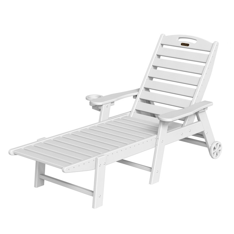 Outdoor HDPE Reclining Lounge Chaise With Wheels & Cup Holder, White