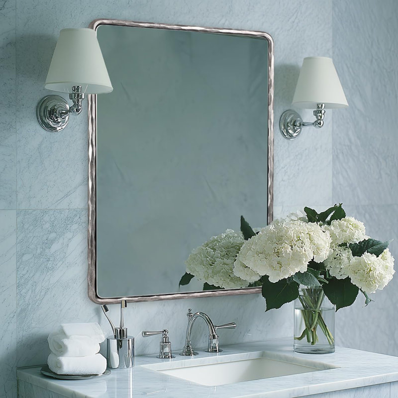 Miroir mural rectangulaire en fer forgé à la main Brunilde | Miroir de salle de bain rustique, 40 po x 30 po, Argent forgé