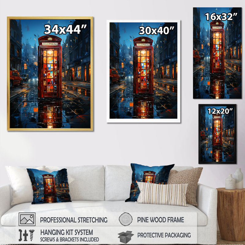 Leontre, cabine téléphonique rouge, Urban Reflections I sur toile, H 32 po x l 16 po x P 1 po, Cadre flottant noir