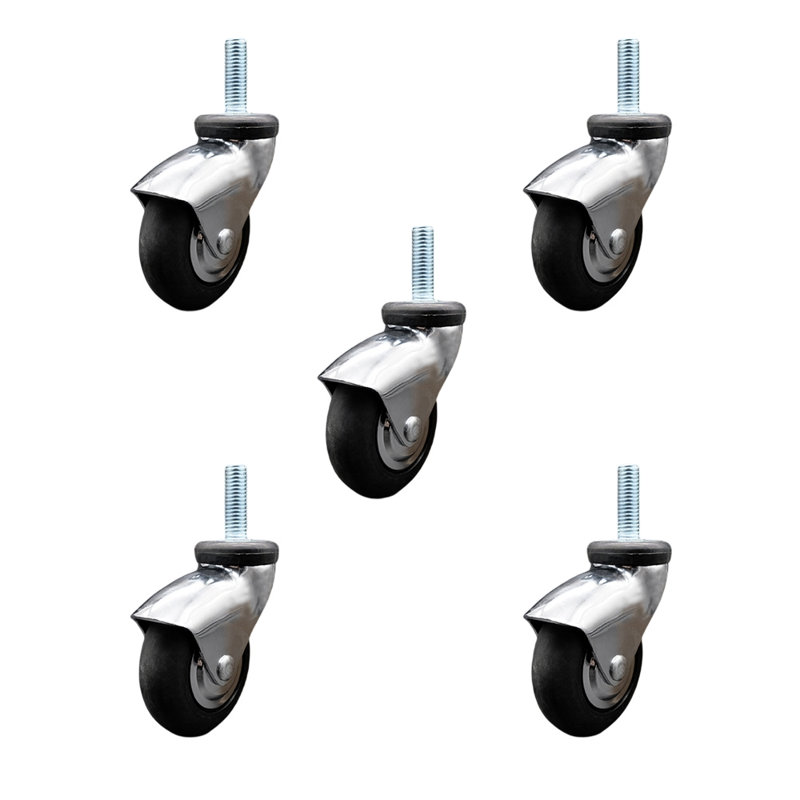 Ensemble de roulettes à tige filetée en néoprène de 3 po avec passe-filetage 3/8 po, Chrome brillant