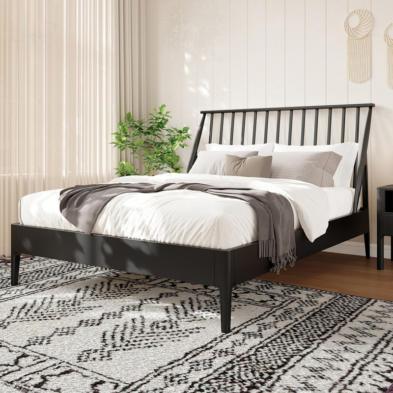 Grand lit plateforme en bois de bambou massif avec tête de lit de 46,5 pouces de hauteur, style bohémien, style Mid-Century moderne, aucun sommier tapissier requis