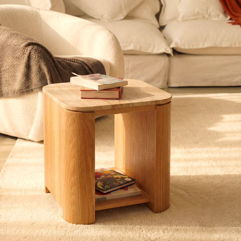 Ovelo Natural Oak Side Table with Travertine Top – Modern End Table with Shelf, Natural