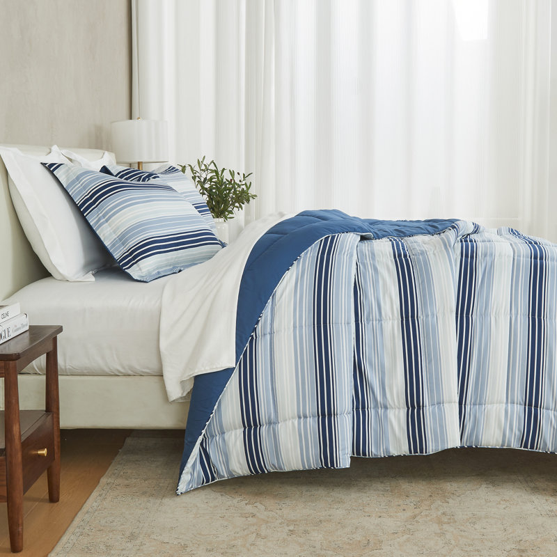 King Size Blue Gradient Stripe Reversible Microfiber Comforter Set