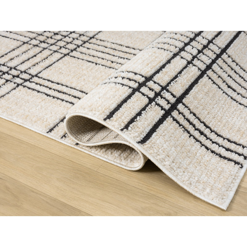 Tapis à motif écossais blanc / gris anthracite de la collection Clowers, 5 pi x 7 pi, Rectangle 5 pi 2 po x 7 pi 5 po