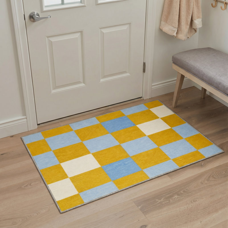 Liadan Gridlock Geometric Checkerboard Machine Washable Yellow / Blue / Beige Indoor Area Rug with Non-Slip Backing