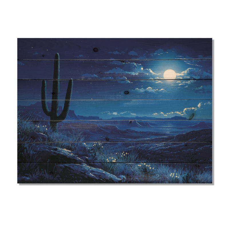 Cactus Saguaro sous les étoiles I - impression de cactus floral sur bois de pin naturel, H 30 po x l 40 po x P 0,78 po