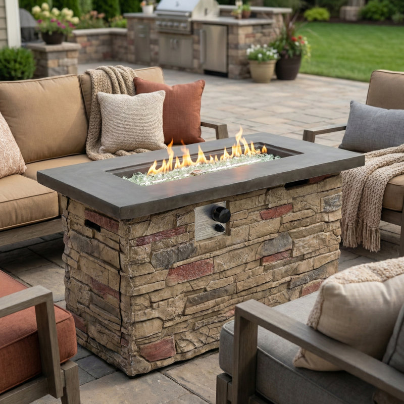 Premium Rectangular Outdoor Fire Pit Table – 24'' H x 42'' W, 60,000 BTU, Faux Stone & Concrete Top, Hideaway Tank