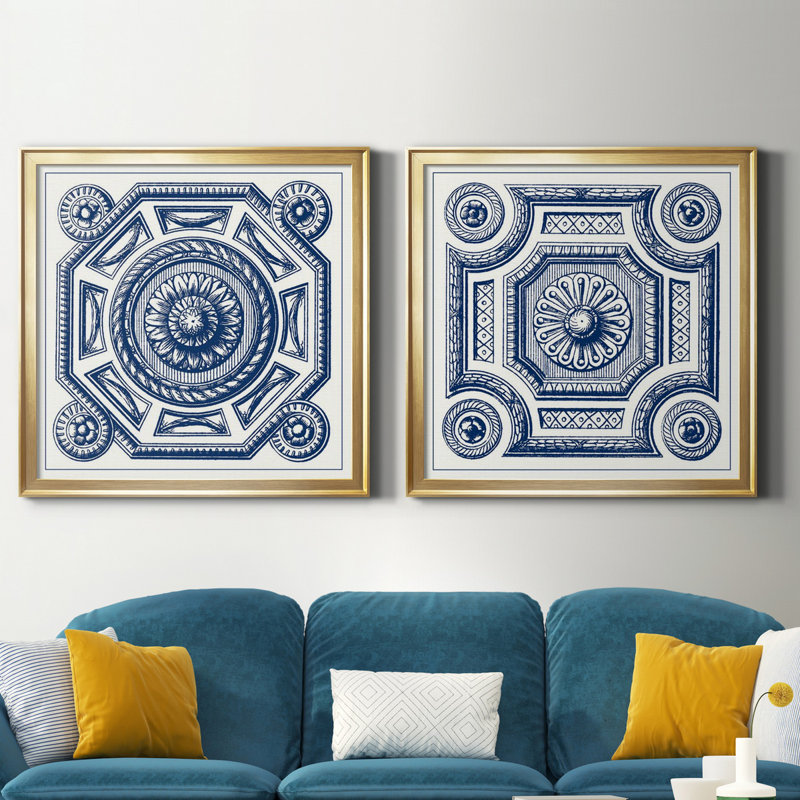 Indigo Medallion II - ensemble de 2 reproductions d'impressions, Toile encadrée d'or, H 30,5 po x l 61 po x P 1,5 po