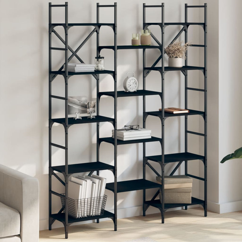 Aadrika 172.5 cm H x 127.5 cm W Steel Etagere Bookcase, Black/Grey