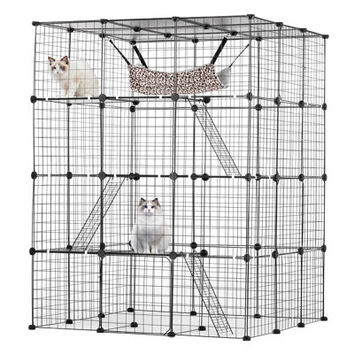 Grande cage à chat à 4 niveaux, 41 x 41 x 55 pouces (104 x 104 x 140 cm), avec 4 portes avant, hamac, rampe d'accès et échelles. Enclos en métal amovible pour chat. Idéal pour une utilisation à l'intérieur et à l'extérieur, pour les chats et les petits animaux. Couleur : noir.