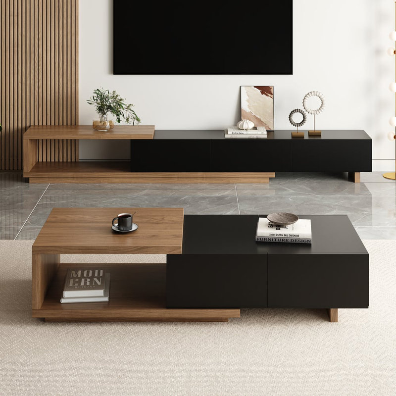 Quoint Walnut Extendable Coffee Table With 2 Drawers(47"-69"), Black/Walnut