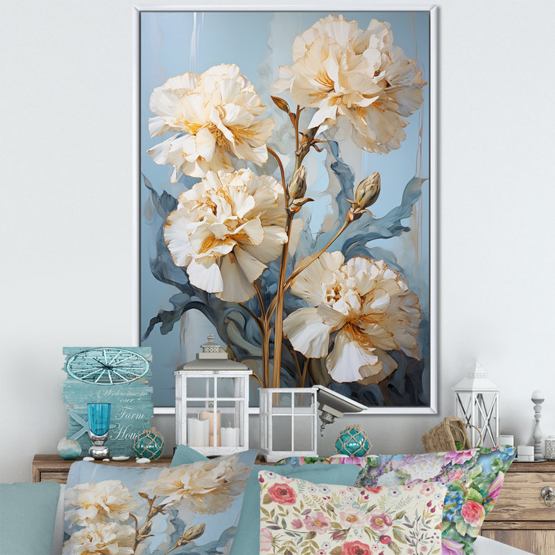 Œillets beiges sur bleu V sur toile, H 40 po x l 30 po x P 1,5 po, Cadre flottant blanc