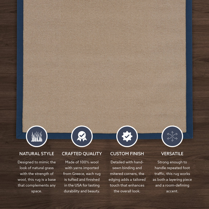 Nannette Handmade Dark Beige Berber with Navy Blue Cotton Border Made in the USA Area Rug, Runner 2'6" x 12'