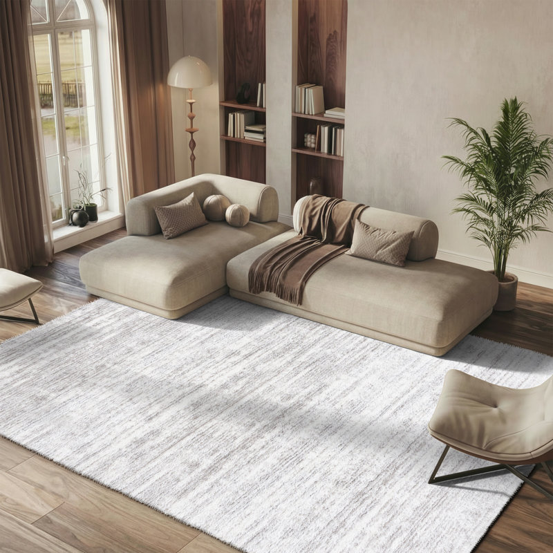 Tapis à poils longs Phaidra 653 en ivoire / gris, Rectangle 6 pi 7 po x 8 pi 7 po
