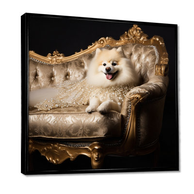 Adorable poméranien sur canapé Glam - art mural chien