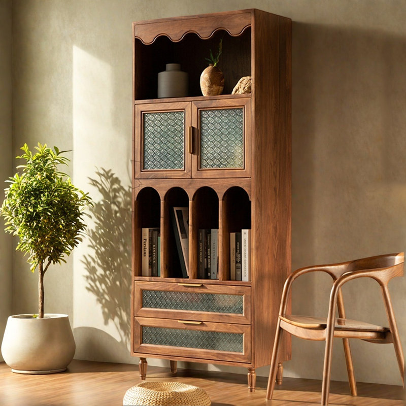 Simple Retro Glass Door Solid Wood Bookcase, (2 Shelves) 78.74"H x 35.43"W x 15.74"D